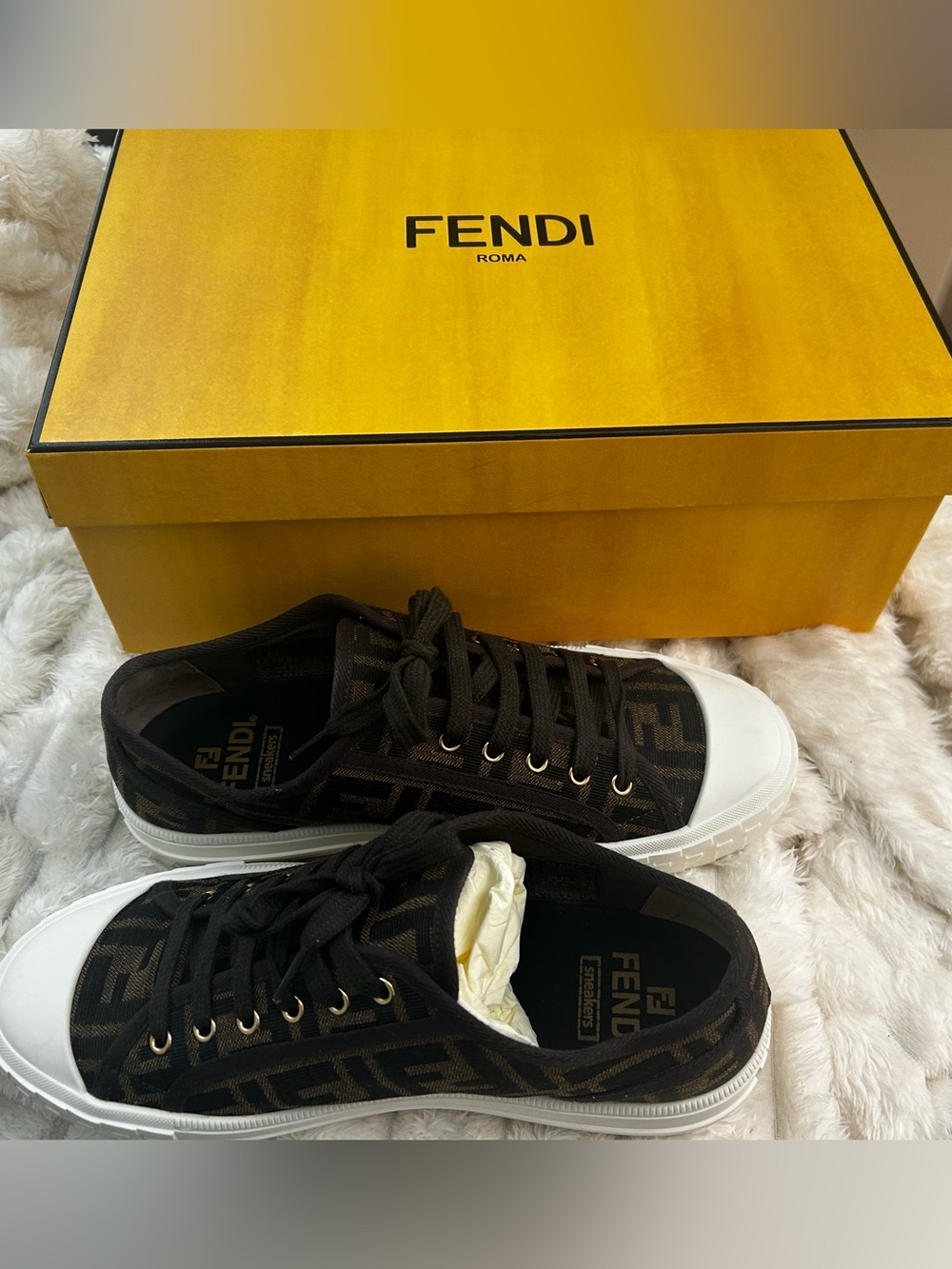 Authentic Fendi Black Brown FF Canvas Low-Top Sneakers